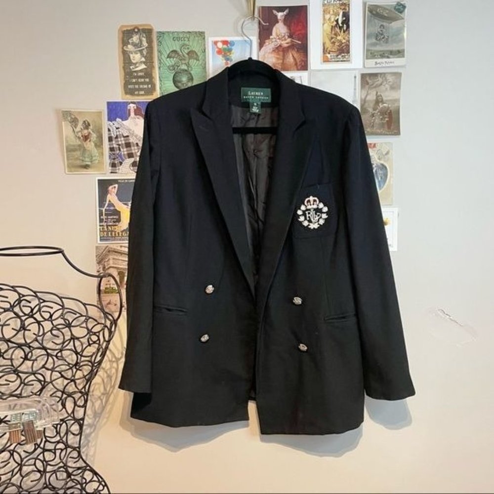 RALPH LAUREN LRL CREST LOGO EMBROIDERED DOUBLE BREASTED WOOL BLAZER BLACK 10
